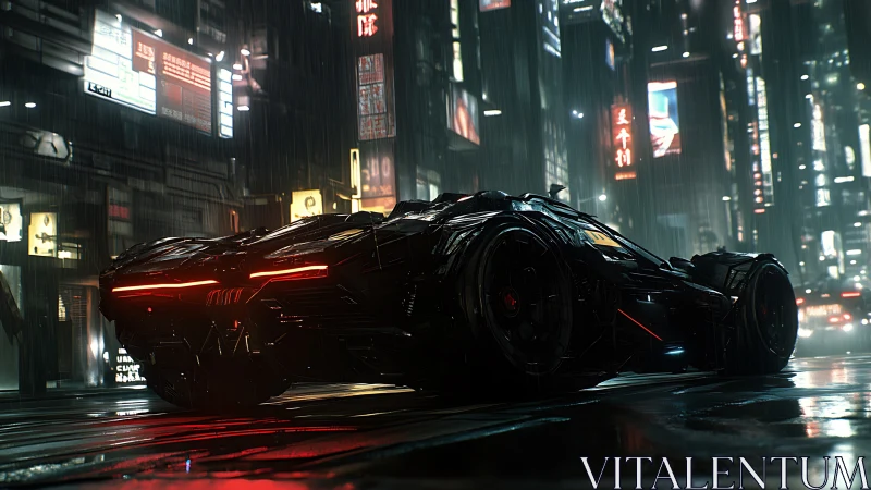 Futuristic hypercar idles in neon‑lit cyberpunk rainway