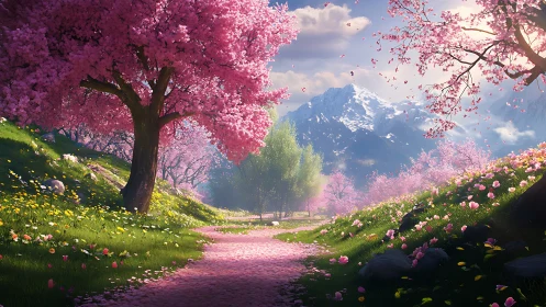 Blossom-laced mountain path dreaming beneath pink spring skies.