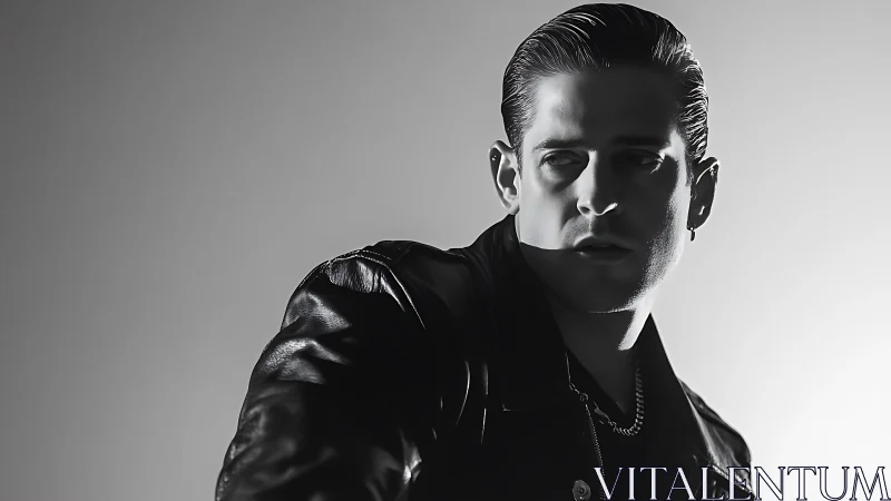 Monochrome portrait shows man in leather jacket in profile