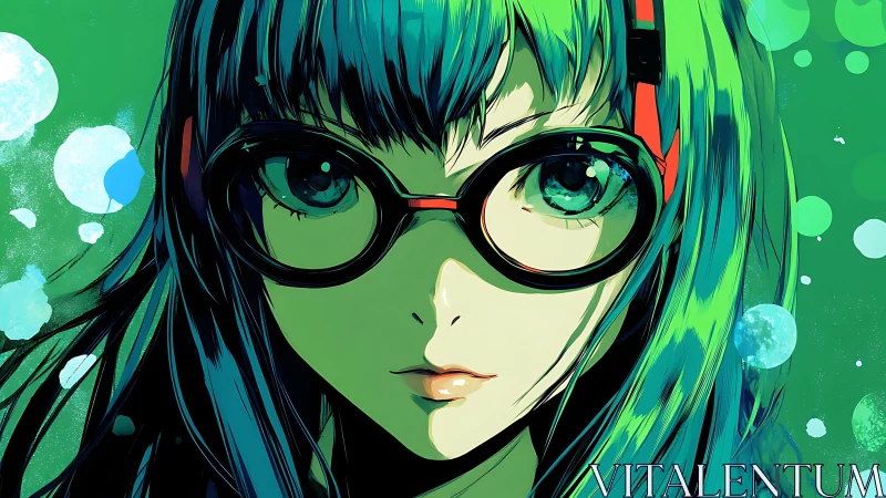 Glowing green haired anime girl gazes ahead in vivid calm