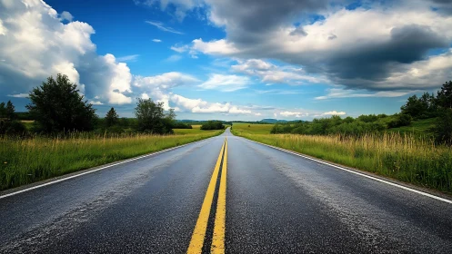 Photorealistic wet highway vanishing into pastoral horizon.