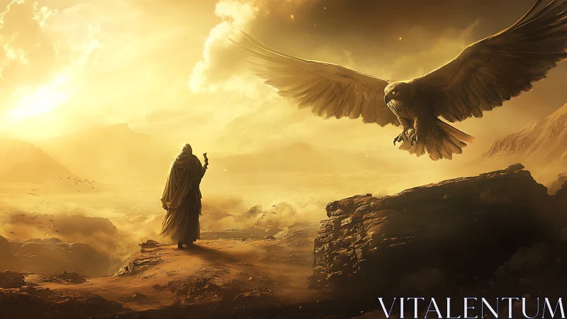 Robed figure and large bird in luminous desert landscape.