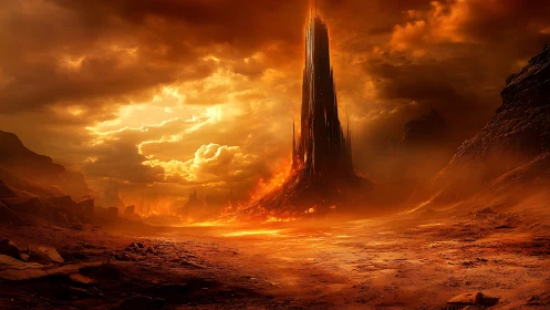 Fiery tower rising over a glowing volcanic wasteland.