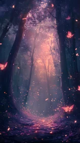 Enchanted Forest Path: Bioluminescent Butterflies Through Mystical Trees