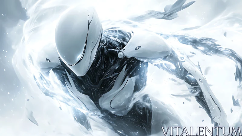 Futuristic chrome exosuit accelerates through liquid energy field