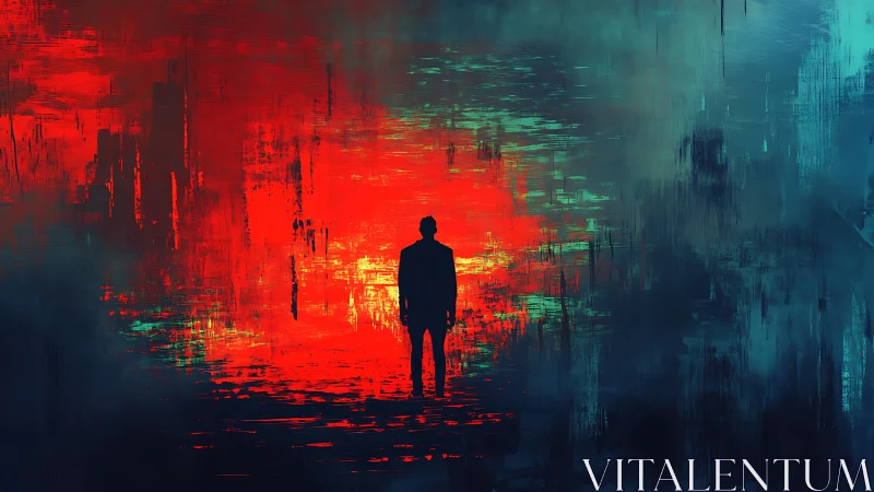 Lone silhouette pauses before a glowing red and teal horizon