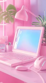 Candy-pink laptop sanctuary under soft neon daydream glow.