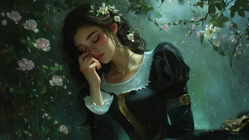 Sleeping maiden in dark dress beneath blooming vines.