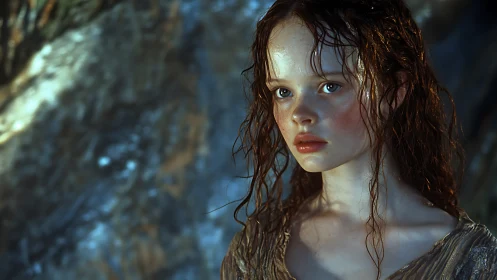 Wet haired young woman in dim rocky environment.