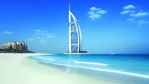 Sail shaped tower on coastal shoreline under clear sky.