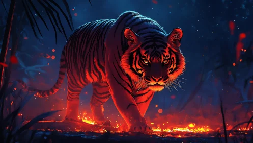 Ember-lit tiger stalking through neon blue jungle night.