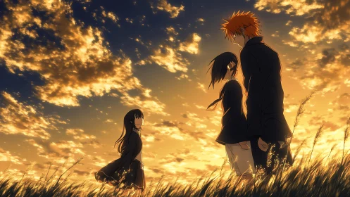 Three students stand in tall grass under glowing sunset clouds