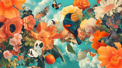 Lush tropical birds and blossoms drift across turquoise skies.