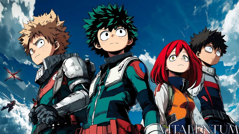 Heroic anime squad faces stormy sky with fierce resolve.