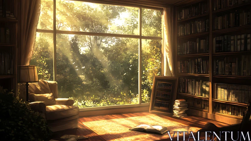 Golden afternoon light warms a tranquil private library retreat