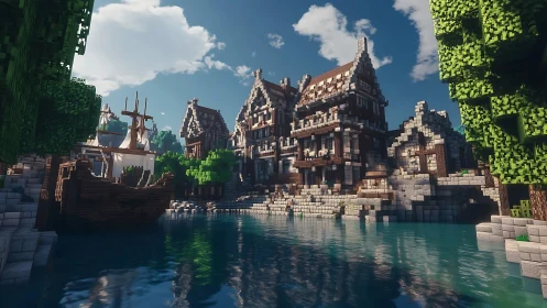Medieval riverside town glows in pixelated Minecraft sunlight.