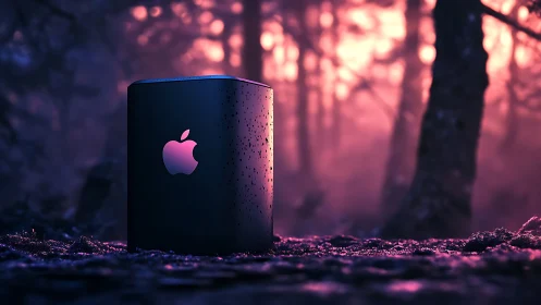 Sleek tech tower glows in misty neon forest dusk scene.