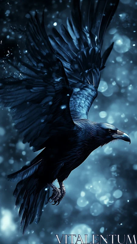 Midnight raven in icy blue bokeh storm sky.