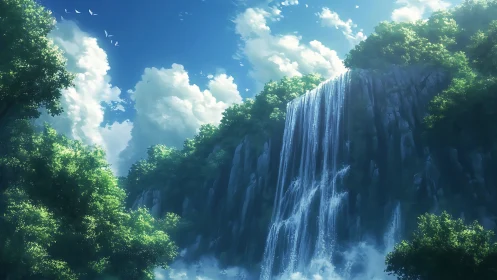 Sunlit waterfall pours gently through a peaceful forest valley