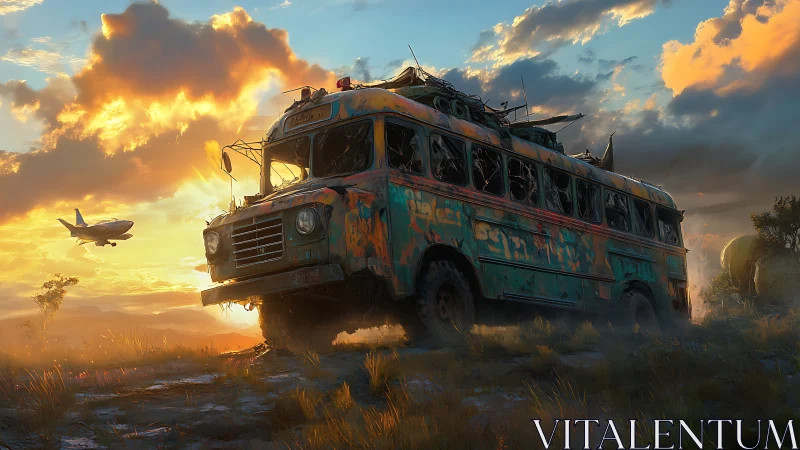Derelict airport shuttle bus rendered at sunset in digital realism