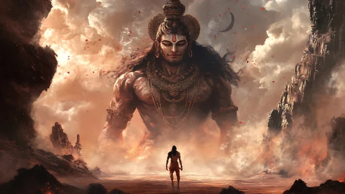 Giant warrior deity emerges from stormy fiery clouds.