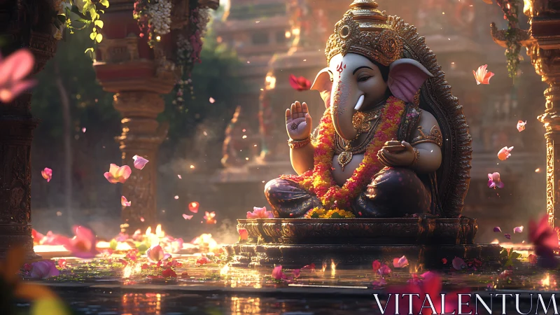 Ganesha idol glows amid floating petals in ornate temple courtyard