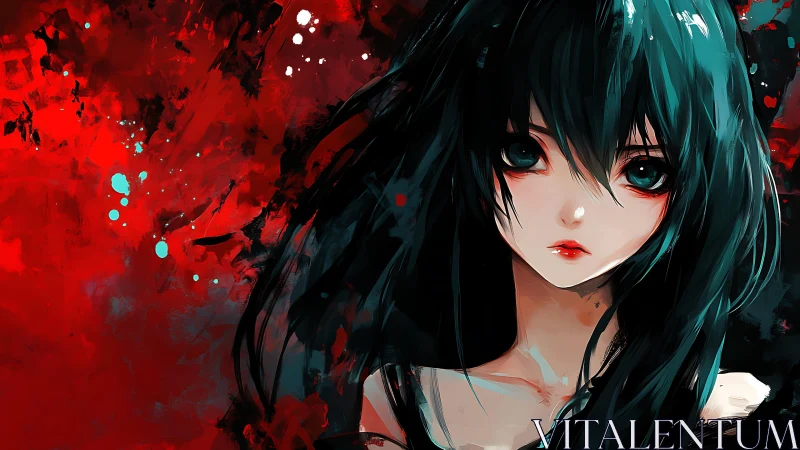 Melancholic teal haired anime girl on abstract red backdrop