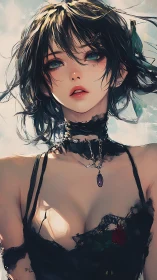 Storm-kissed girl in black lace with quiet emerald gaze.