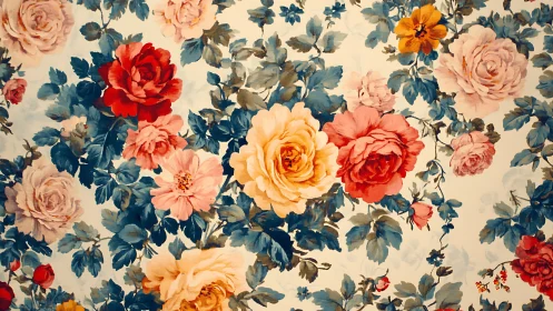 Bloom-soaked tapestry of roses in lush vintage reverie.