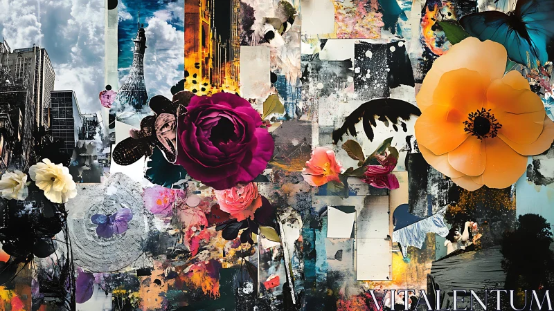 Urban floral collage merges city textures with vivid blooms.