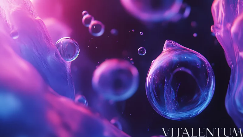 Glowing liquid bubbles in neon blue and pink space.