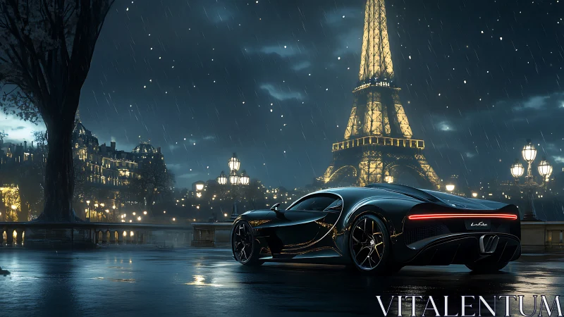 Hypercar in rain-soaked Paris streets beneath illuminated Eiffel
