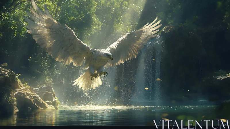 Majestic White Eagle Soaring Over Waterfall in Sunlit Forest.
