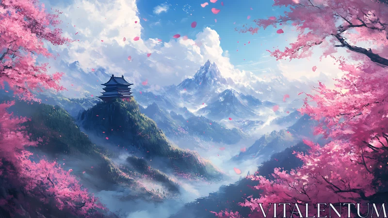 Mountain pagoda amid drifting sakura over misted valley.