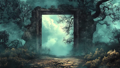Fogborne forest gateway opening into untamed sky realms.