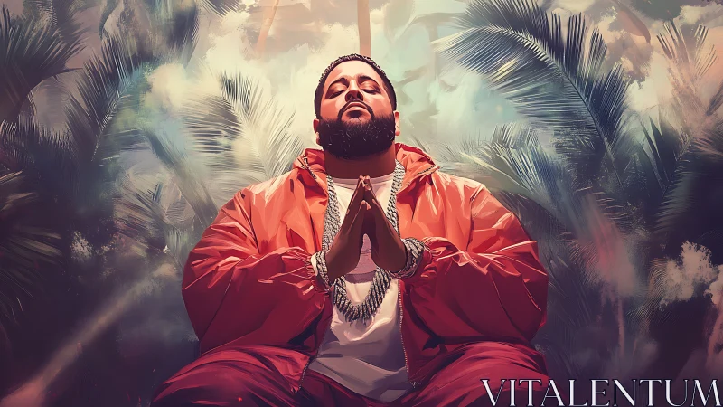 Man in red jacket sits praying before tropical palm backdrop
