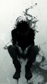 Solitary seated silhouette dissolving into dark fluid.