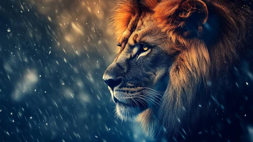 Majestic lion gazes through swirling snow in glowing light.