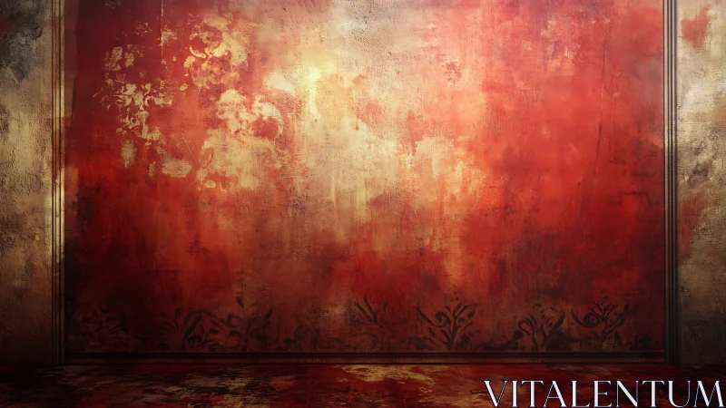 Textured crimson wall with ornate vintage border details.