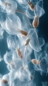 Translucent seed pods with fine filaments on blue field.