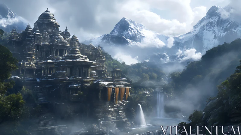 Mountain fortress temple complex rises above misty waterfalls