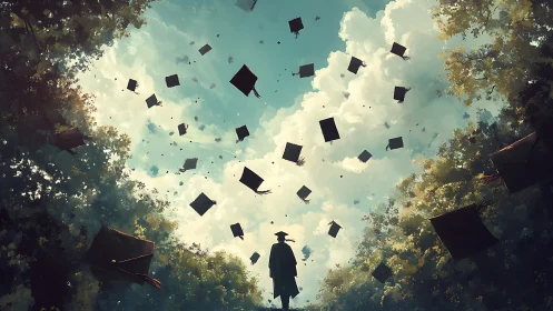 Graduate silhouette under sky filled with soaring caps.