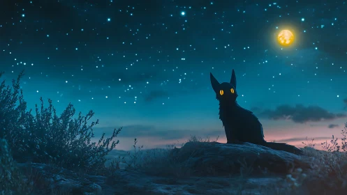 Silhouetted catlike figure observes a starry nocturnal sky