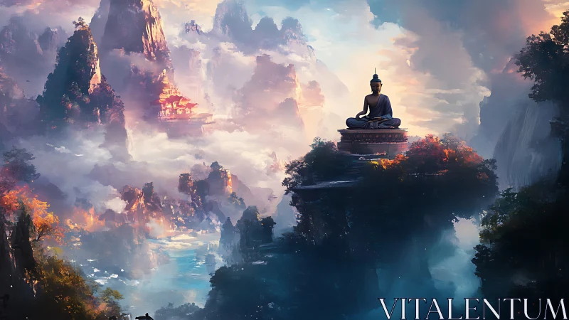 Skyborne Buddha above misty peaks and dream-bright valleys.