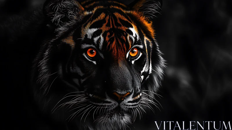 Fierce tiger portrait glows against deep shadowed background