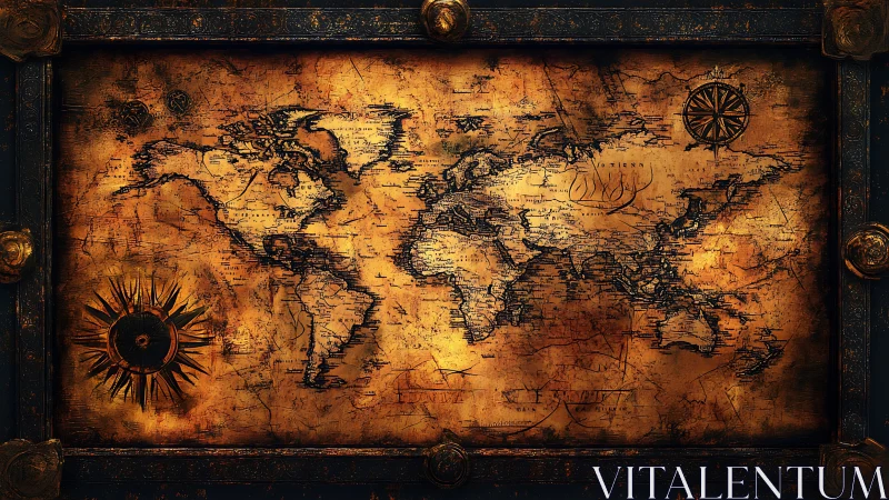 Antique-style world map with ornate frame and compasses.