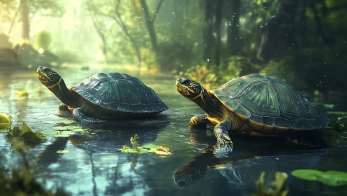 Sunlit forest turtles sharing a peaceful morning pause.