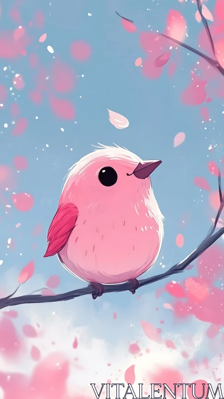Ethereal Pink Bird with Petal Bokeh in Soft Digital Illustration