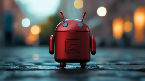 Red toy robot on cobblestone street at dusk in bokeh focus.