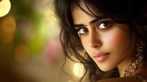 Warm bokeh lights frame a poised, jewel-toned portrait.